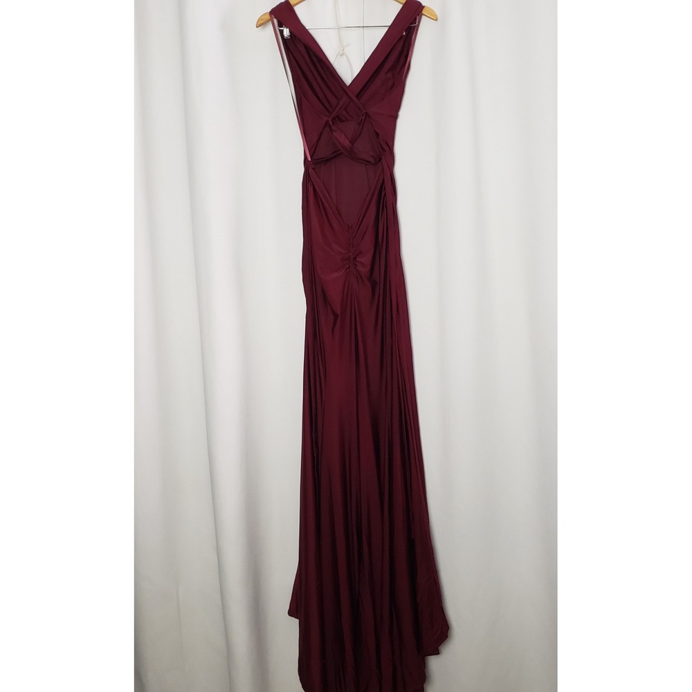 La Femme Burgundy Ruched Open Back V-Neck Formal Gown Dress Size 2 - Picture 6 of 11